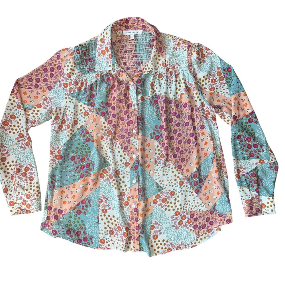 Rose + Olive Colorful Boho Floral Long Sleeve Button Up Size Large